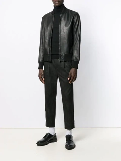 Shop Sandro Leather Bomber Jacket In Black