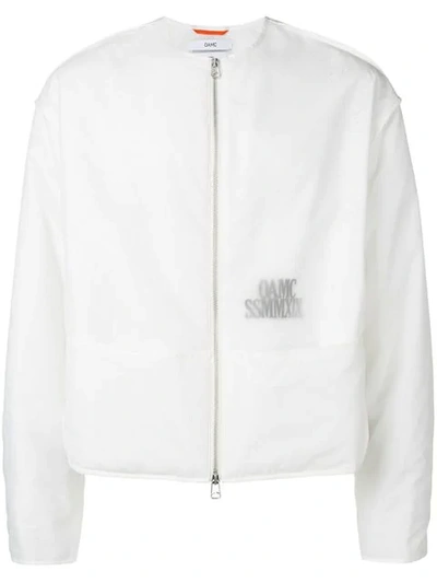 Shop Oamc Collarless Translucent Logo Jacket In White