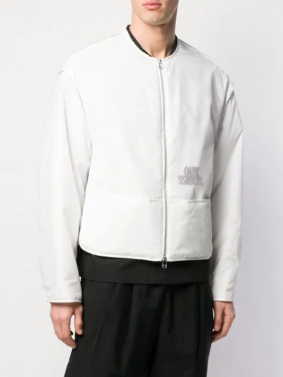 Shop Oamc Collarless Translucent Logo Jacket In White