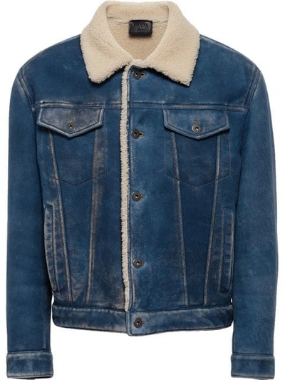 Shop Prada Denim Sheepskin Jacket In Blue