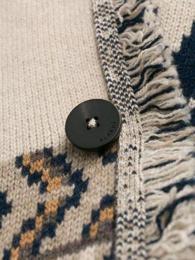 Shop Alanui Fringed Intarsia Knit Cardigan In Neutrals ,blue