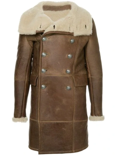 Shop Balmain Shearling Double-breasted Coat In Brown