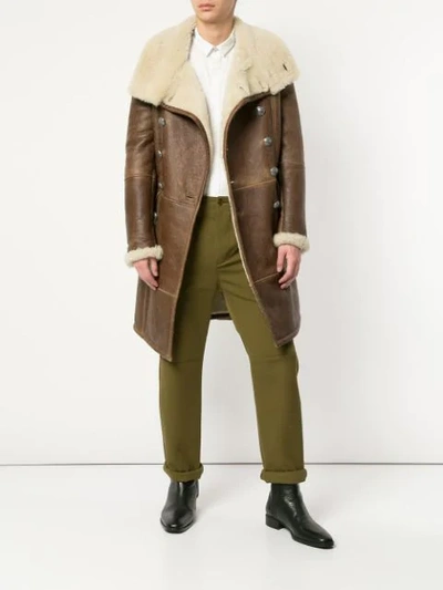 Balmain Shearling Double-breasted Coat In Brown