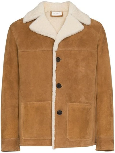 Shop Saint Laurent Trapper Shearling Jacket In 3363 -cognac/ecru
