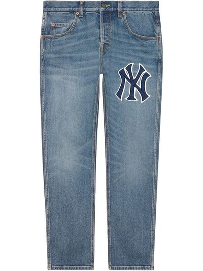 Shop Gucci Tapered Yankees Logo Jeans In Blue