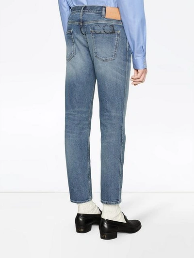 Shop Gucci Tapered Yankees Logo Jeans In Blue