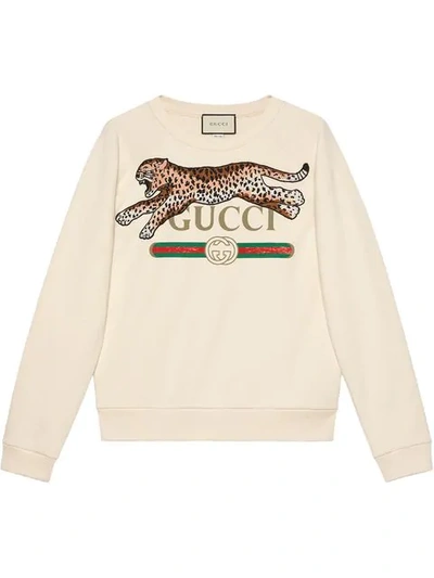 Shop Gucci Logo Sweatshirt With Leopard In White