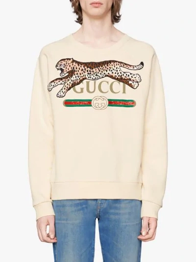 Shop Gucci Logo Sweatshirt With Leopard In White