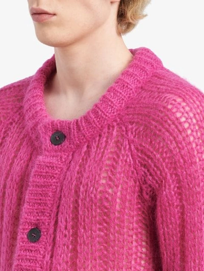 Shop Prada Ribbed Knitted Cardigan In Pink