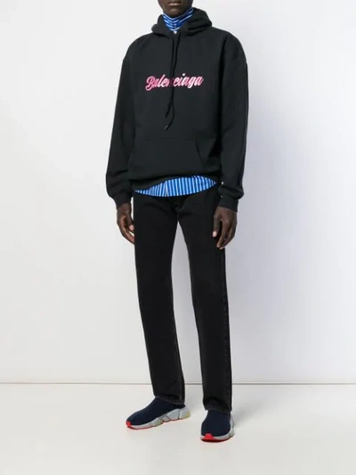 Shop Balenciaga Glossy Logo Print Hoodie In 8465 Black