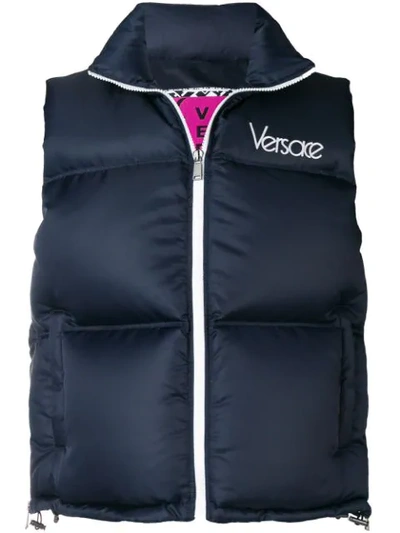 Shop Versace Logo Embellished Down Vest In Blue