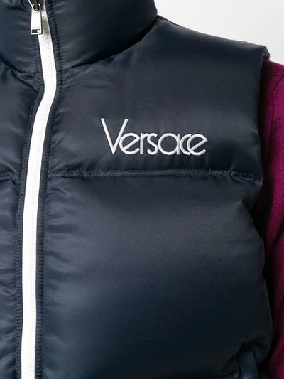 Shop Versace Logo Embellished Down Vest In Blue