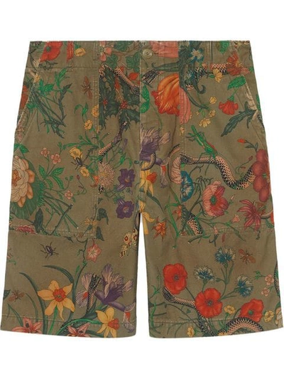 Shop Gucci Flora Snake Print Cotton Shorts In 3017 Green