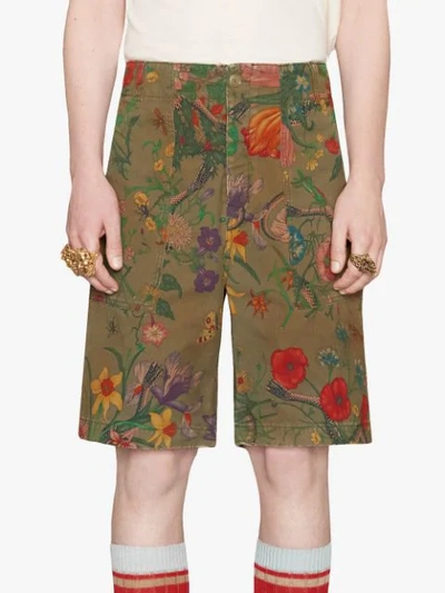 Shop Gucci Flora Snake Print Cotton Shorts In 3017 Green