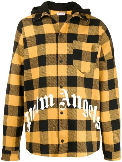 Shop Palm Angels Hooded Plaid Shirt Jacket In Yellow