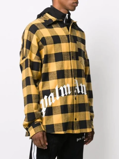 Shop Palm Angels Hooded Plaid Shirt Jacket In Yellow