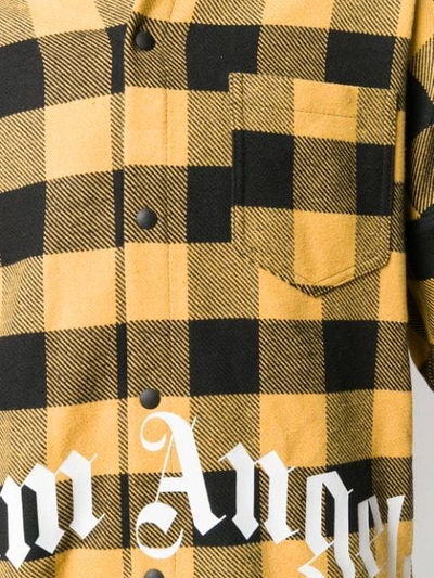 Shop Palm Angels Hooded Plaid Shirt Jacket In Yellow