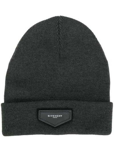 Shop Givenchy Logo Plaque Beanie - Grey