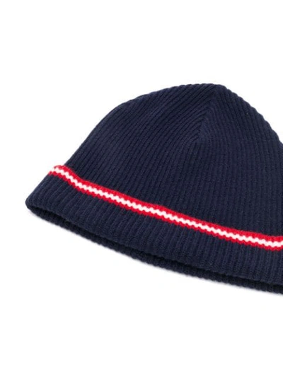 Shop Bally Stripe Beanie Hat In Blue