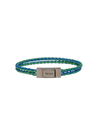 Shop Prada Braided Leather Wrist Strap In Green