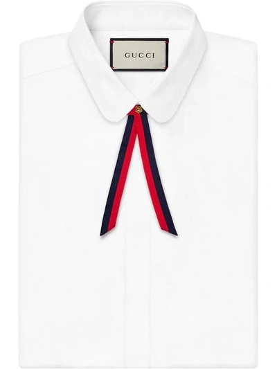 Shop Gucci Striped Neck Bow With Feline In 4074 Blue Red