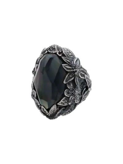 Shop Lyly Erlandsson Silver And Black Winter Leaf Chunky Silver Ring - Silver/white