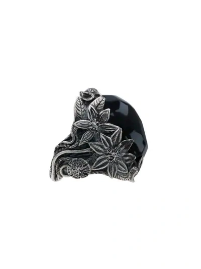 Shop Lyly Erlandsson Silver And Black Winter Leaf Chunky Silver Ring - Silver/white