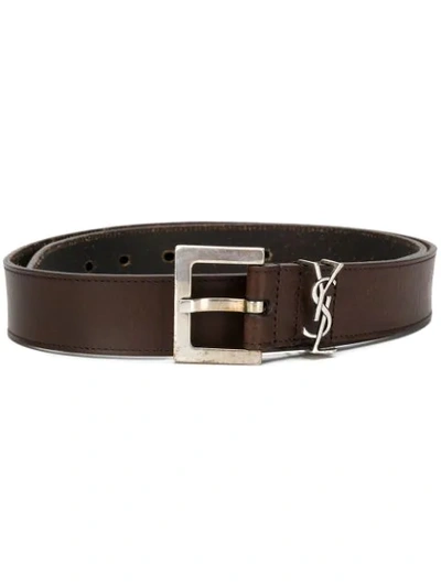 Shop Saint Laurent Monogram Plaque Belt In Brown