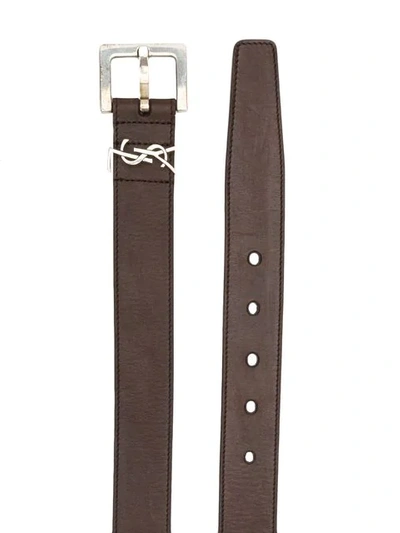 Shop Saint Laurent Monogram Plaque Belt In Brown