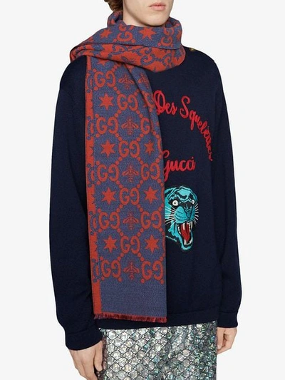 Shop Gucci Bees And Stars Gg Jacquard Scarf In Blue