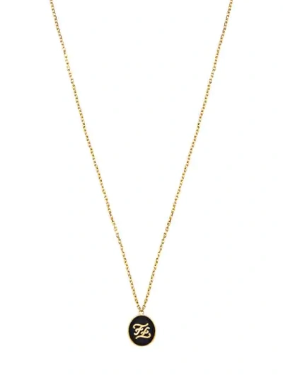 Shop Fendi Ff Logo Round Pendant Necklace In F18gy-burattato Gold +blac