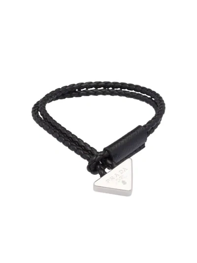 Shop Prada Braided Leather Bracelet In Black
