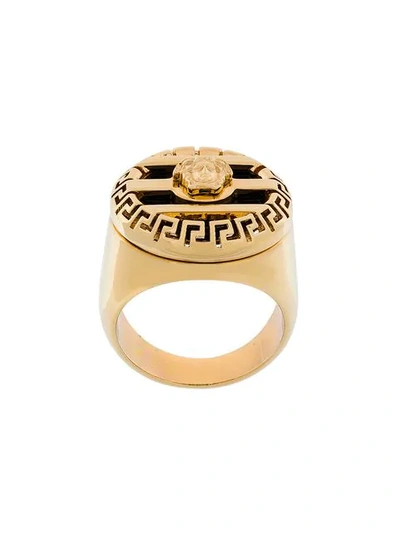 Shop Versace 3d Greek Key Medusa Ring In Metallic