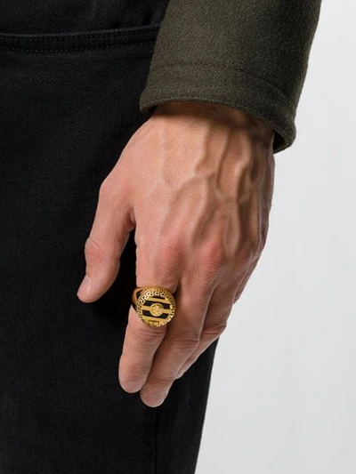 Shop Versace 3d Greek Key Medusa Ring In Metallic