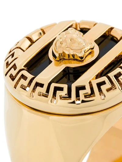 Shop Versace 3d Greek Key Medusa Ring In Metallic