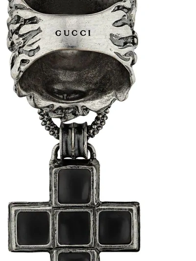Shop Gucci Lion Motif Drop Ring In 8131 Silver Black