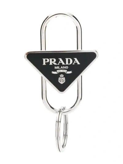 Shop Prada Triangle Logo Keyring In Silver