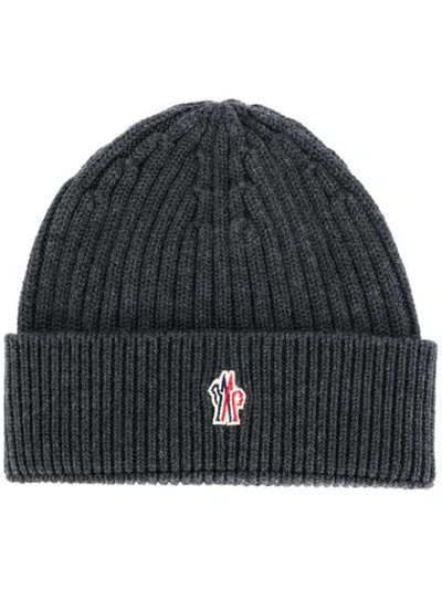 Shop Moncler Ribbed Beanie In Grey