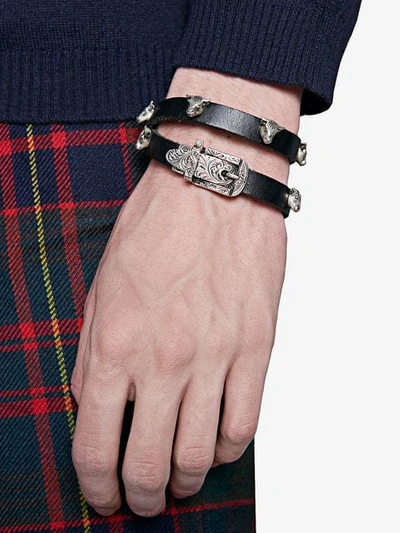 Shop Gucci Anger Forest Double Wrap Leather Bracelet In Black