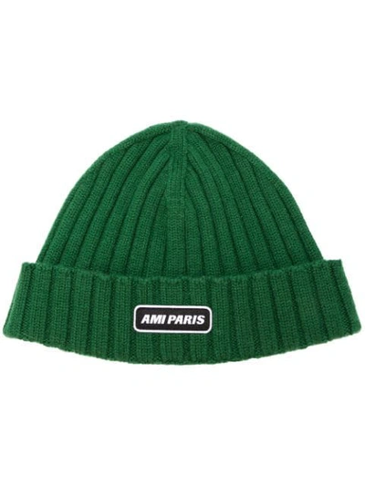 Shop Ami Alexandre Mattiussi Ribbed Beanie With Ami Paris Patch In Green