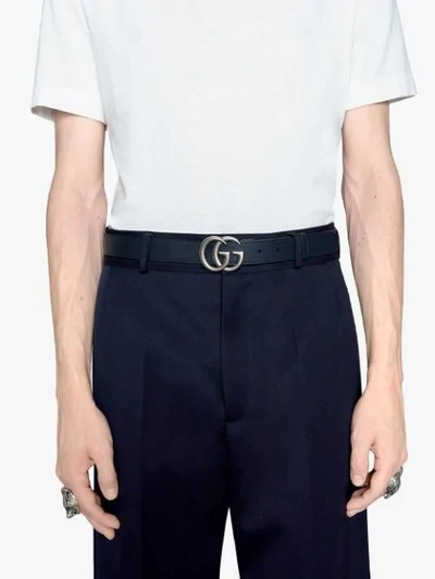 Shop Gucci Leather Belt With Double G Buckle In Blue