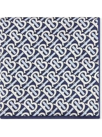 Shop Burberry Monogram Print Silk Satin Pocket Square In Blue