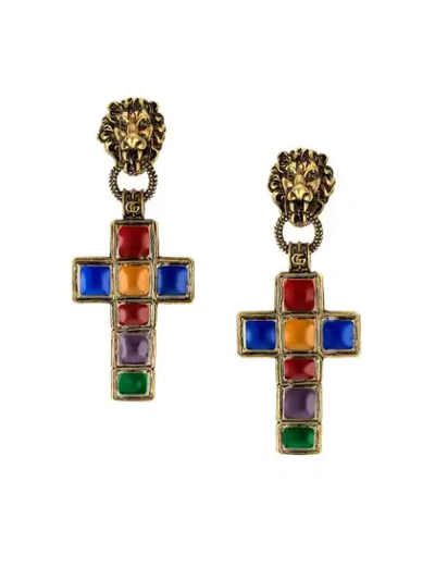 Shop Gucci Earrings With Cross Pendant And Lion - Gold