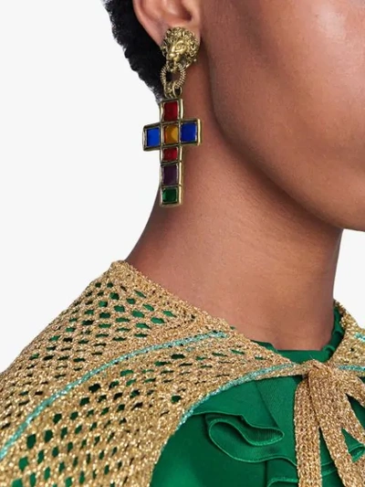 Shop Gucci Earrings With Cross Pendant And Lion - Gold