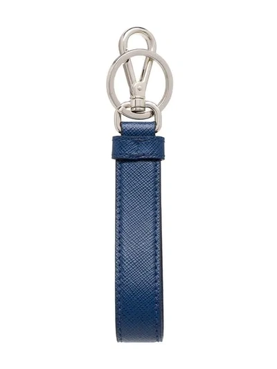 Shop Prada Saffian Logo Plaque Keychain In Blue