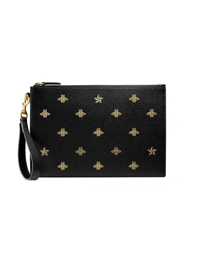 Shop Gucci Bee Star Leather Pouch In Black