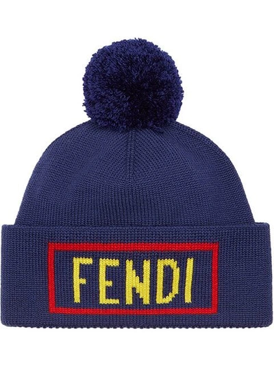 Shop Fendi Logo Patch Beanie Hat In F0qa2-blue