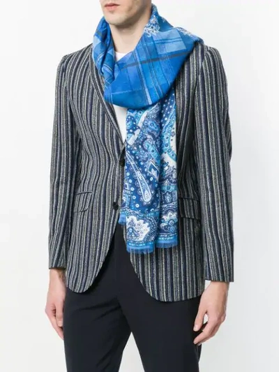 Shop Etro Paisley And Check Scarf In Blue