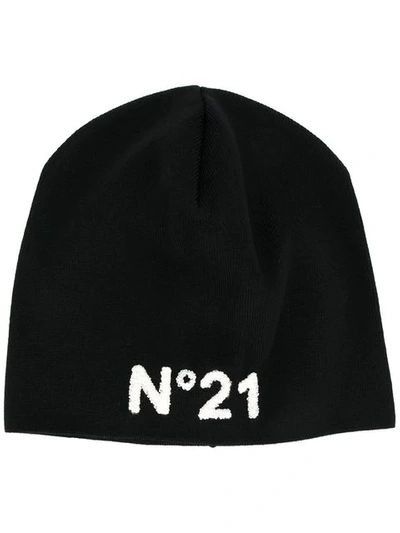 Shop N°21 Nº21 Logo Intarsia Virgin Wool Beanie - Black