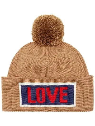 Shop Fendi Love Slogan Beanie Hat In Neutrals